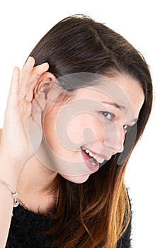 Woman with hearing loss hard of hearing in white background