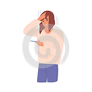 Woman with heat or influenza symptoms checking body temperature vector flat illustration. Sickness female touching head