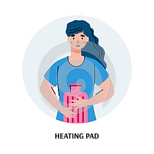 Woman heating stomach with heating pad cartoon vector illustration isolated.