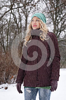 Woman in heavy snowfall