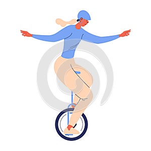 Woman in helmet riding single wheel bicycle. Isolated on white character training unicycling sport