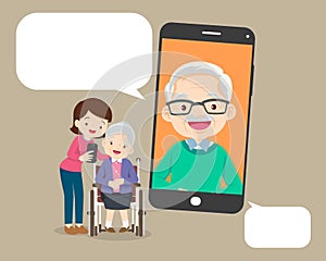 Woman help elderly with communication using smart phone