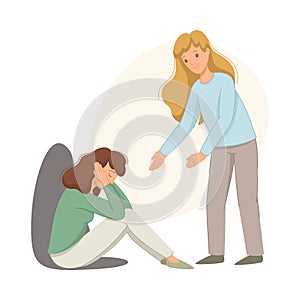 Woman Help to Young Girl in Depression Feeling Sad Suffering from Mental Disorder Vector Illustration