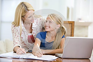 Woman helping girl with laptop doing homework