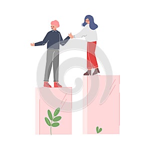 Woman Helping Man to Climb up on Column of Columns, Moving up Motivation, Teamleader Business Concept Cartoon Vector photo