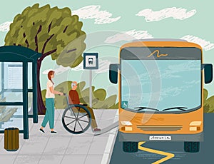 Woman helps disabled senior man in wheelchair to board bus concept vector illustration. Bus ramp for wheelchair