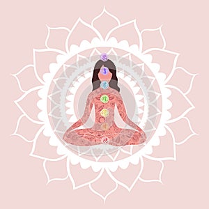 Woman with henna tattoo on the body and seven chakras. Ornamental feminine vector illustration. Meditation yoga lotus position for