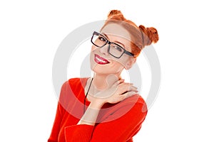 Woman in her 30s holding round eye glasses smiling