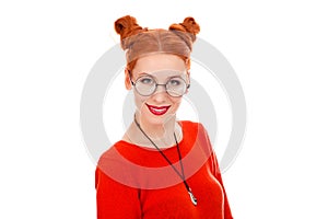 Woman in her 30s wearing round eye glasses smiling