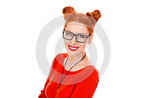 Woman in her 30s wearing round eye glasses smiling