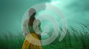 Woman with her back in beautiful tropics in the rainy weather