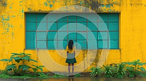 Woman with her back in beautiful tropics in the rainy weather