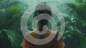 Woman with her back in beautiful tropics in the rainy weather