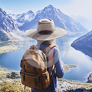 Woman on her back with a hat and backpack watching the landscape of a lake from the top of a mountain.