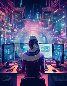 Female programmer working in a vibrant virtual space
