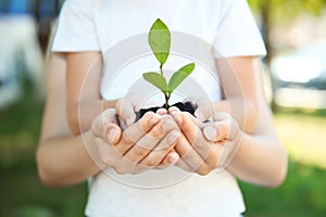 Woman and her child holding soil with green plant