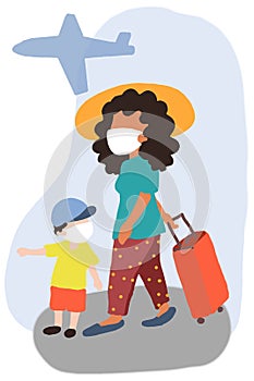 The woman and her child taking mask   traveling by plane illustration