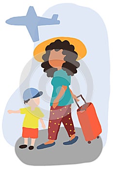 The woman and her child  traveling by plane illustration