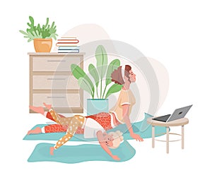 Woman and her daughter doing yoga, pilates, or stretching together at home with video lessons vector flat illustration.