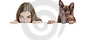 Woman with her dog over white background