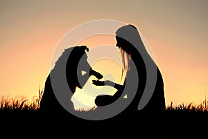 Woman and Her Dog Shaking Hands Silhouette