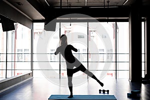 Woman during her fitness workout at gym with rubber resistance band, resistance band exercises with fabric elastic