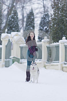 Woman and Her Lovely Husky Dog Taking a Stroll Together Outside