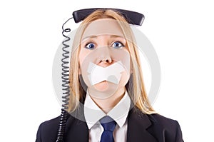 Woman with her mouth sealed isolated