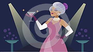 A woman in her 60s dressed in a sequin dress and gloves sipping on a martini as she sways her hips to the smooth jazz photo