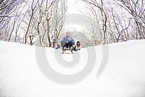 A woman with her son rides down the hill in a sleigh