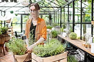 Woman with herbs and flowers in the greenhouse