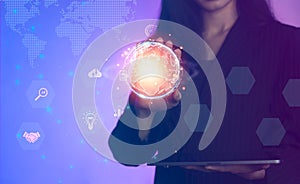 Woman hholding tablet connecting world data online networking purple background. Technology concept.