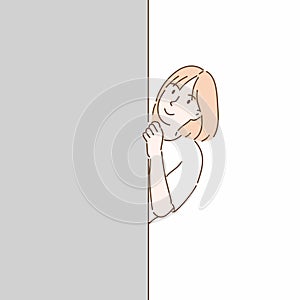 Woman hiding behind wall. Hand drawn character style vector