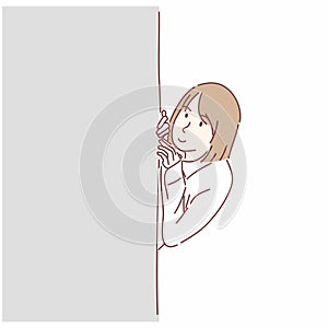 Woman hiding behind wall. Hand drawn character style vector