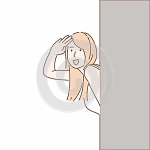 Woman hiding behind wall. Hand drawn character style vector