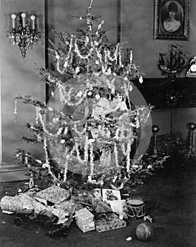 Woman hiding in a decorated Christmas tree