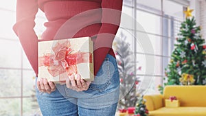 Woman hiding gift box behind, with Christmas room decoration background