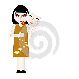 Woman hiding her real feeling behind a mask and holding red flower. Vector illustration.