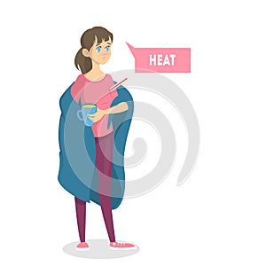 Woman with a high temperature as a symptom of flu