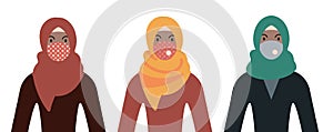 Woman in hijab wearing face mask. Different color variations set