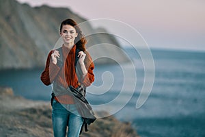 woman hiker with backpack travel mountains fresh air landscape