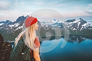 Woman hiker exploring Norway with backpack active healthy lifestyle mountains adventures travel vacations