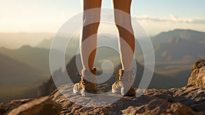 Woman hiker legs on mountain peak rock cliff edge.