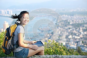 Woman hiker mountain peak