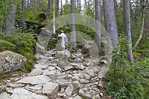 Žena tramp v horách. Tatry. Slovensko