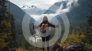 Female traveler climb high rock. Girl walk with nordic pole Mountains background