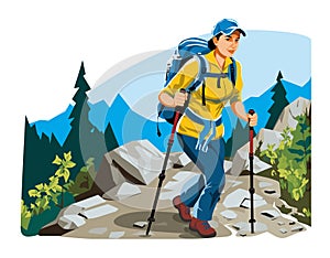 Woman hiker trekking mountains wearing blue cap, yellow jacket, backpack, using trekking poles