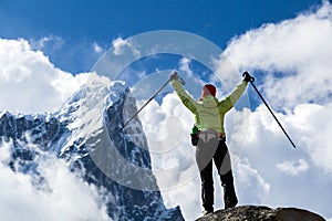 Woman hiker walking in Himalaya Mountains, Nepal