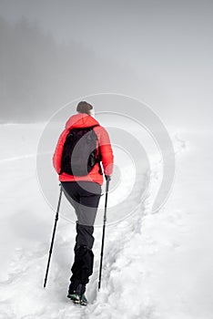 Woman hiker walking in snowy winter country