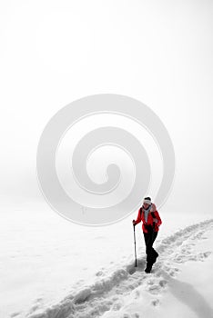 Woman hiker walking in snowy winter country